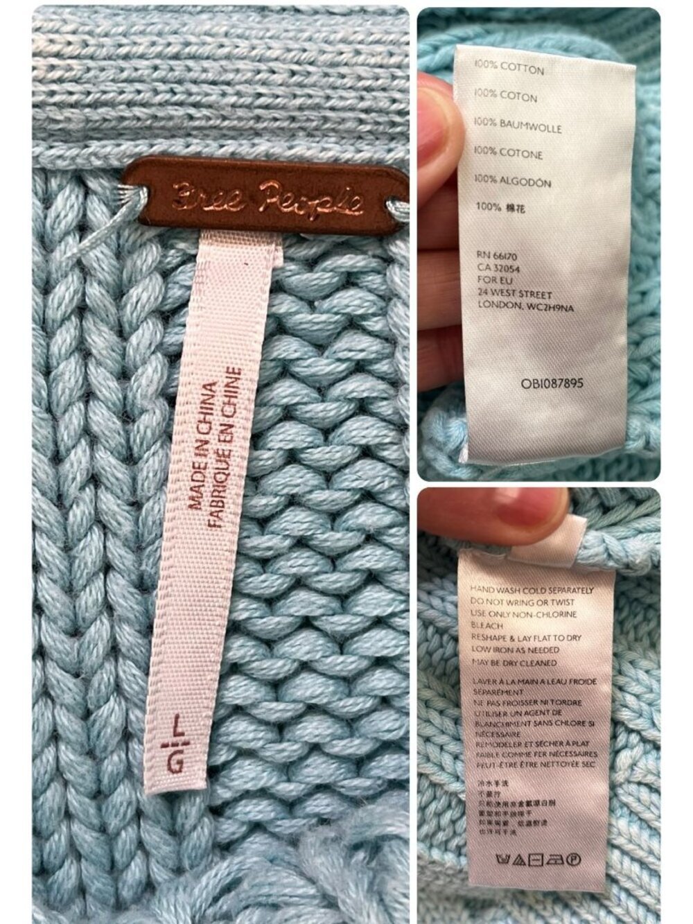 Free People Sweetheart Sweater Aqua Blue Chunky Cotton Knit Large Cozy Textured - Picture 5 of 7